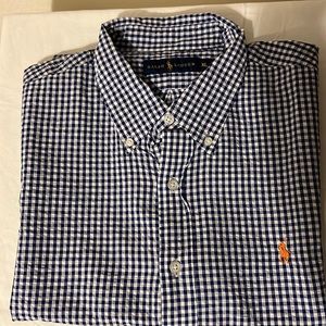 RALPH LAUREN Plaid short sleeve shirt Dark Blue, white, and orange